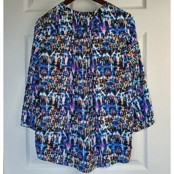 NYDJ Multicolor Pintuck Henley Blouse S pleated back hidden buttons 3/4 sleeves - Picture 2 of 12